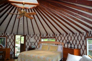 Inside a tree house yurt  at Rainbow Hearth
